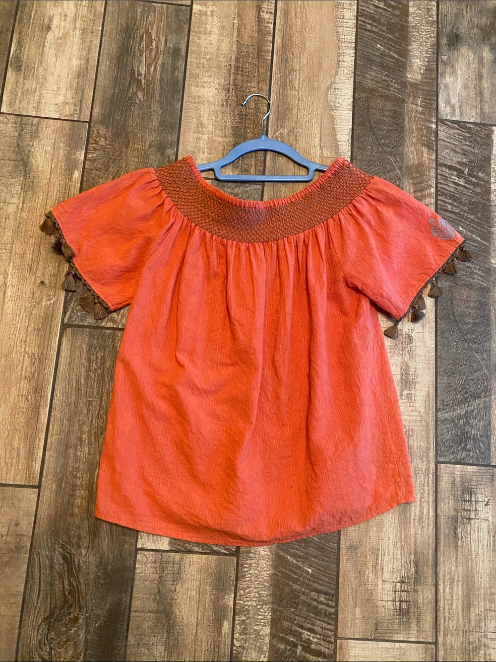 THML Orange Smocked-Neck Tassel Sleeve Blouse - Picture 2 of 11